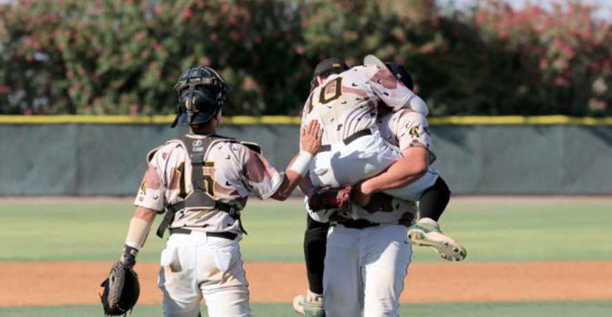 Tyler Griggs jumps reliever Drew Sommers at game's end.  -Photo Oscar Perez Pinal Central